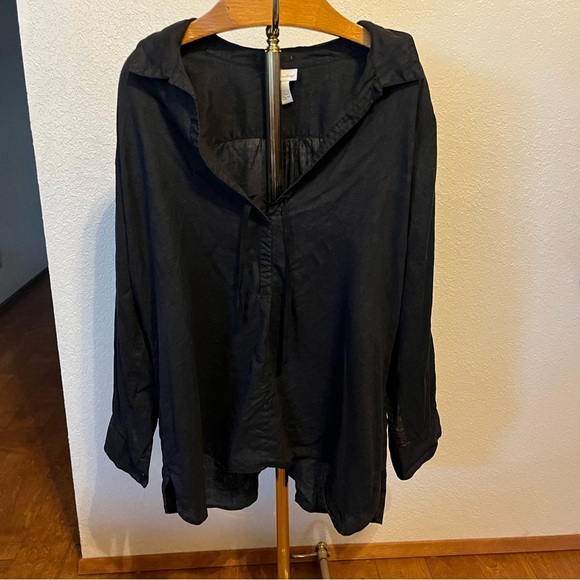 SOFT SURROUNDINGS ~ Black 100% Linen Peasant Style Top with Lace Up V Neck Front - Picture 7 of 7